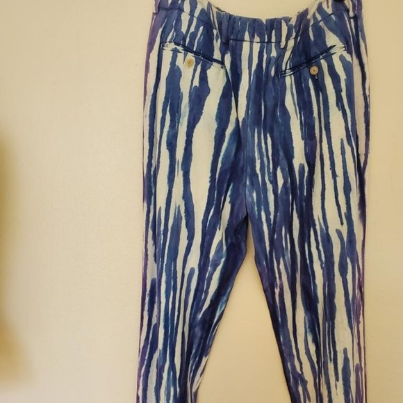Tommy Bahama Silk navy blue white gray ivory summer dress pants 34 large striped